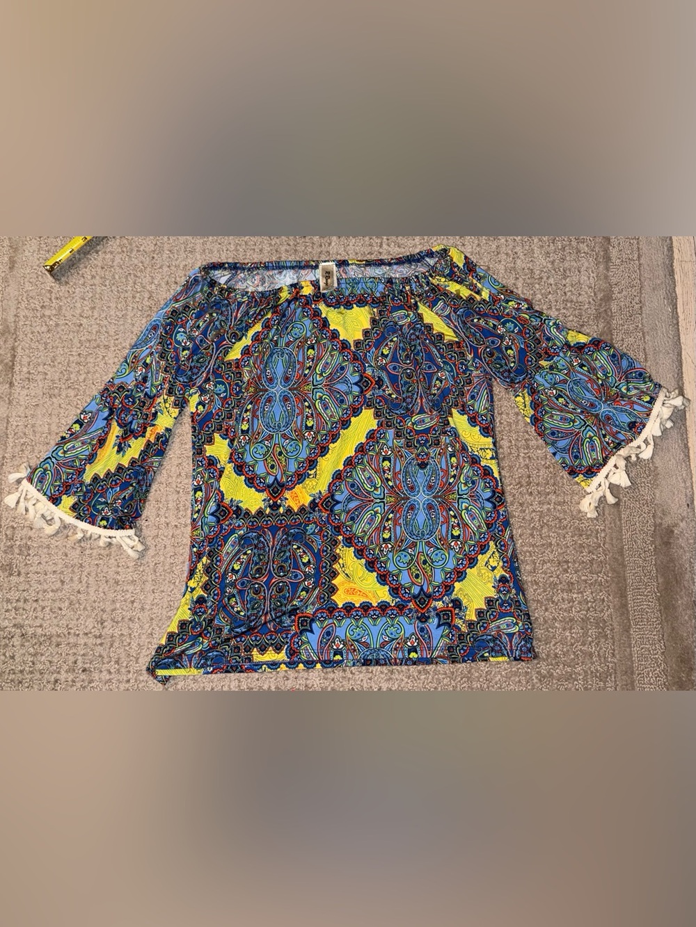 R. Rouge yellow blue Off Shoulder Paisley Tassel Bell Sleeve Boho Top small s